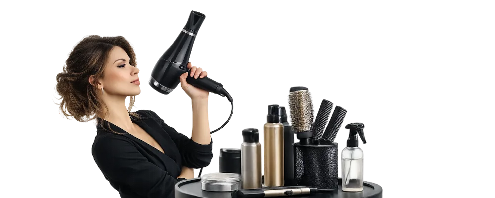 Hairstylist professionista con phon e strumenti per capelli per la landing Only Events dedicata ai professionisti che vogliono trovare nuovi clienti