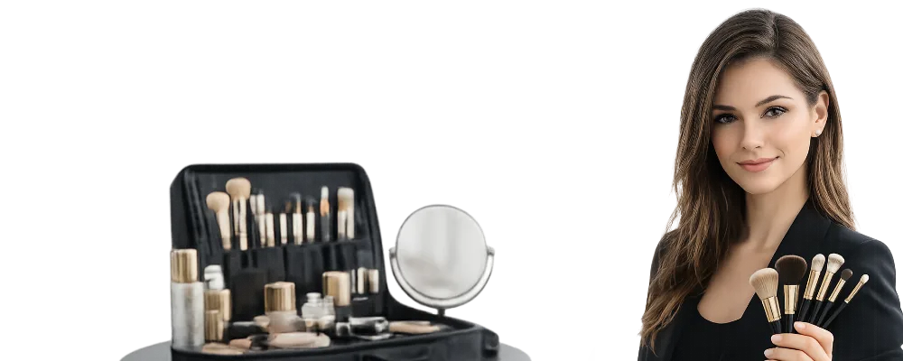 Make up artist professionista con strumenti trucco e postazione lavoro per la landing Only Events dedicata ai professionisti che vogliono trovare nuovi clienti