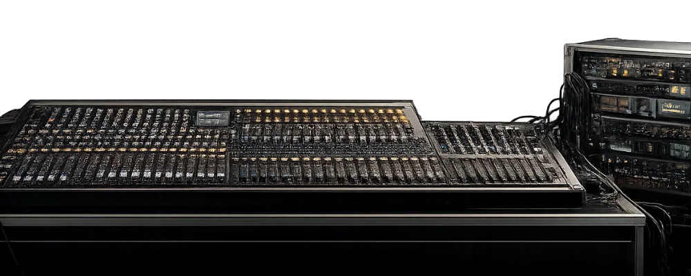 Impianto professionale per service audio e luci con mixer, rack tecnico, casse e luci spente per la landing Only Events dedicata ai professionisti che vogliono trovare nuovi clienti